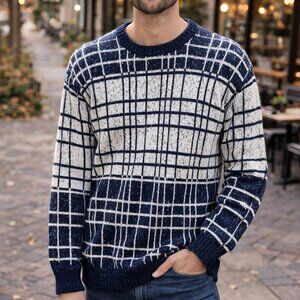 Carducci Casuale size M Blue and White Plaid Sweater vintage cozy fall warm